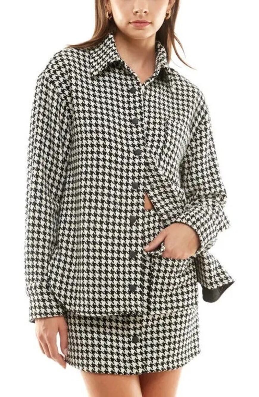 NWT WAYF Houndstooth Snap Front Shirt Jacket Black White Fall Coat Size Small